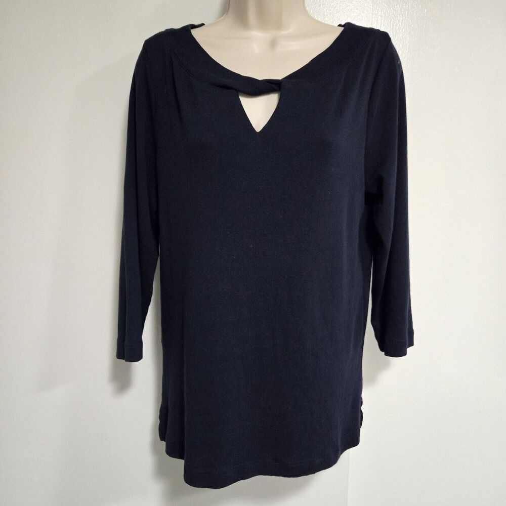 Chico's Size 0 (S) Navy Blue 100% Cotton 3/4 Sleeve‎ Knit Top